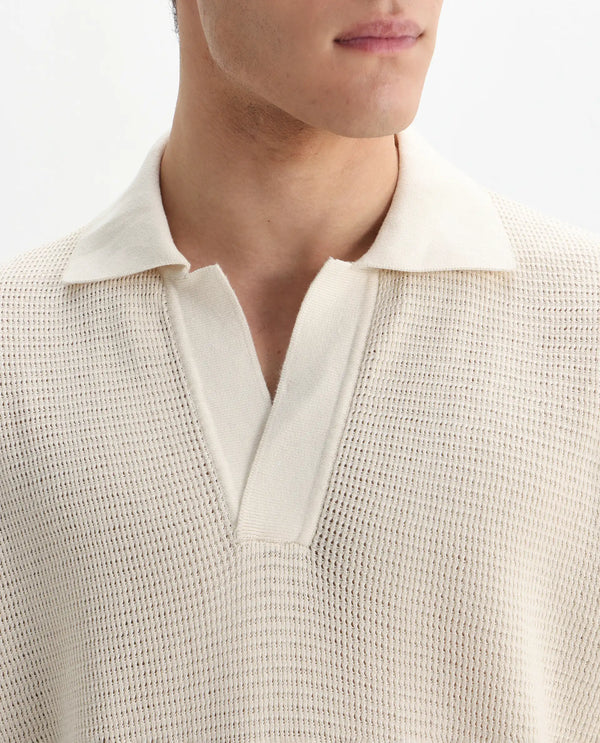 Rare Rabbit Men's Rera Off White Cotton Fabric Half Sleeve Spread Collar Oversized Fit Textured Polo