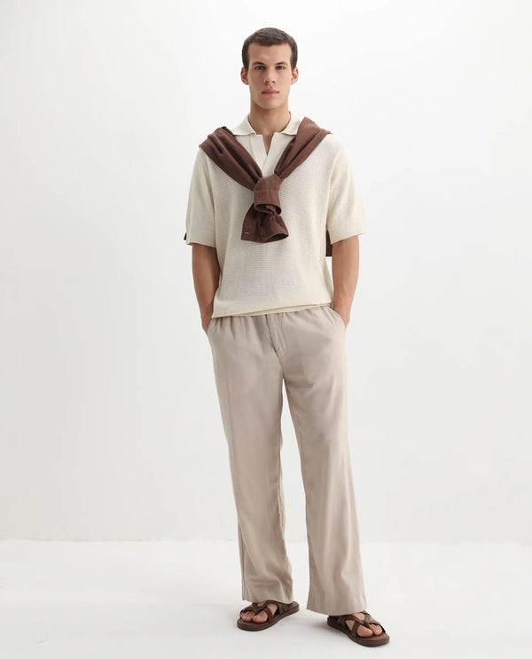 Rare Rabbit Men's Rera Off White Cotton Fabric Half Sleeve Spread Collar Oversized Fit Textured Polo