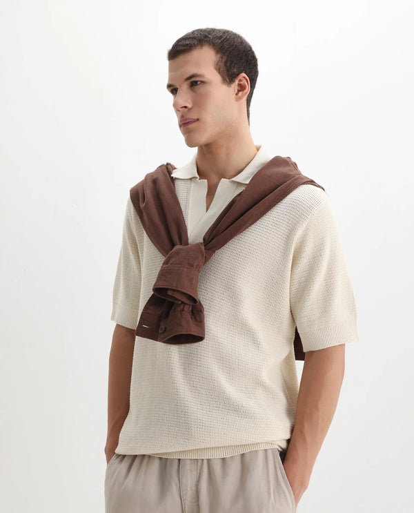 Rare Rabbit Men's Rera Off White Cotton Fabric Half Sleeve Spread Collar Oversized Fit Textured Polo