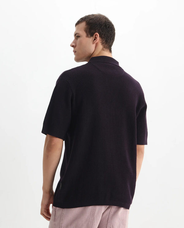 Rare Rabbit Men's Rera Dark Purple Cotton Fabric Half Sleeve Spread Collar Oversized Fit Textured Polo