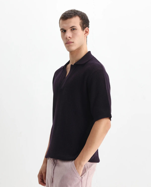 Rare Rabbit Men's Rera Dark Purple Cotton Fabric Half Sleeve Spread Collar Oversized Fit Textured Polo