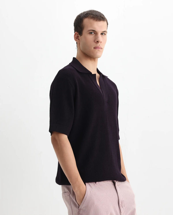 Rare Rabbit Men's Rera Dark Purple Cotton Fabric Half Sleeve Spread Collar Oversized Fit Textured Polo