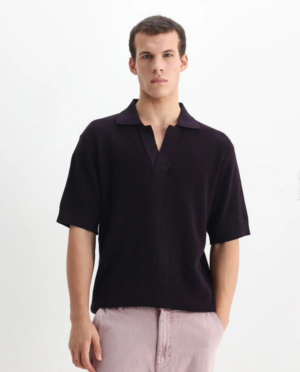 Rare Rabbit Men's Rera Dark Purple Cotton Fabric Half Sleeve Spread Collar Oversized Fit Textured Polo