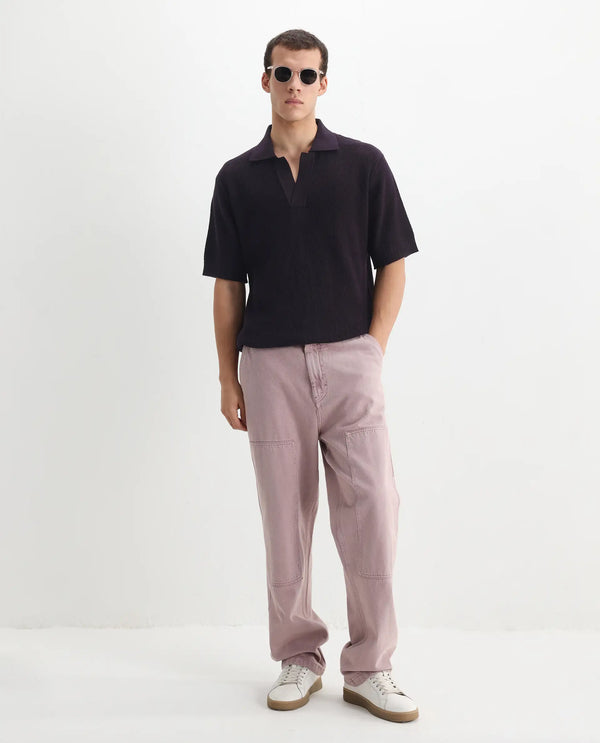 Rare Rabbit Men's Rera Dark Purple Cotton Fabric Half Sleeve Spread Collar Oversized Fit Textured Polo
