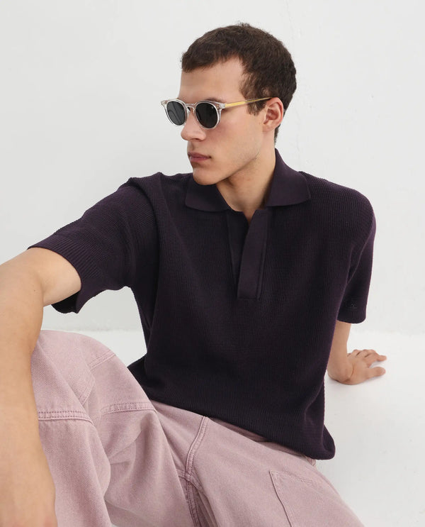 Rare Rabbit Men's Rera Dark Purple Cotton Fabric Half Sleeve Spread Collar Oversized Fit Textured Polo