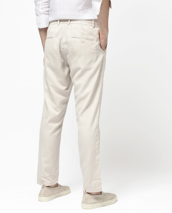 Rare Rabbit Mens Reric Pastel Beige Drawstring Closure Solid Linen Trouser