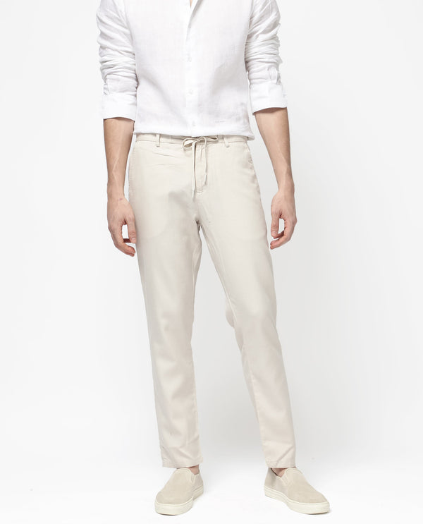 Rare Rabbit Mens Reric Pastel Beige Drawstring Closure Solid Linen Trouser