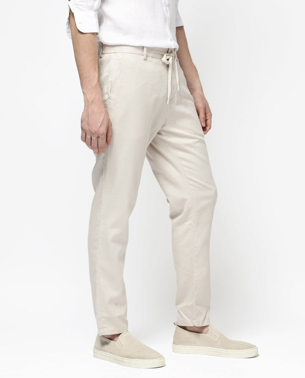 Rare Rabbit Mens Reric Pastel Beige Drawstring Closure Solid Linen Trouser