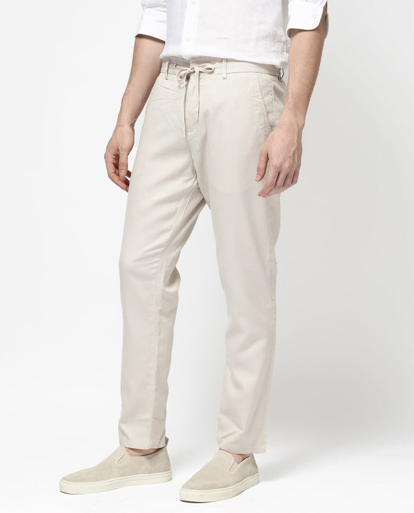 Rare Rabbit Mens Reric Pastel Beige Drawstring Closure Solid Linen Trouser