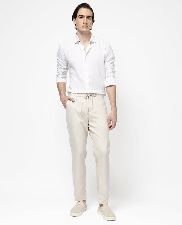 Rare Rabbit Mens Reric Pastel Beige Drawstring Closure Solid Linen Trouser