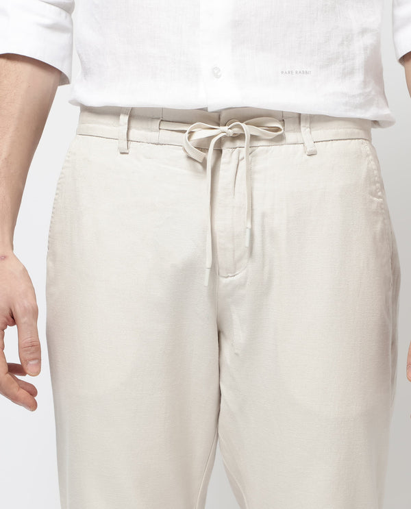 Rare Rabbit Mens Reric Pastel Beige Drawstring Closure Solid Linen Trouser