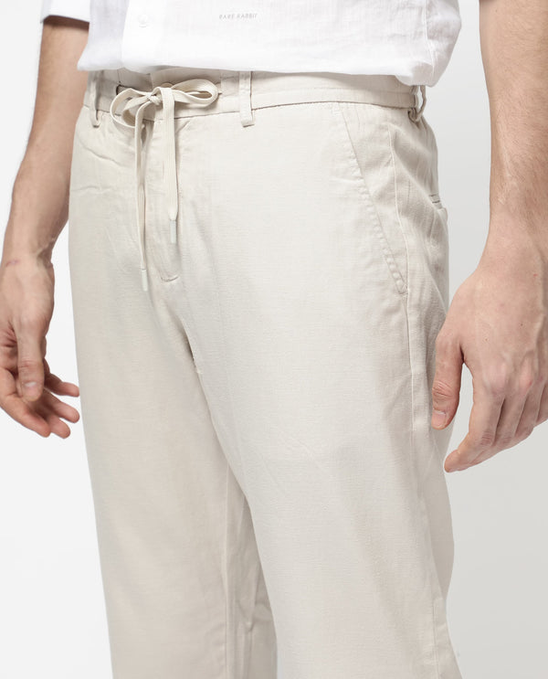 Rare Rabbit Mens Reric Pastel Beige Drawstring Closure Solid Linen Trouser