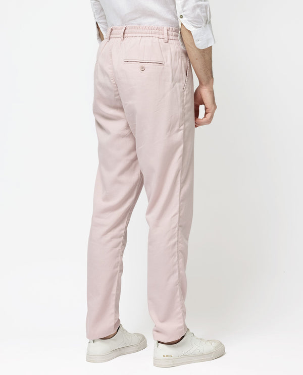 Rare Rabbit Mens Reric Pastel Pink Drawstring Closure Solid Linen Trouser