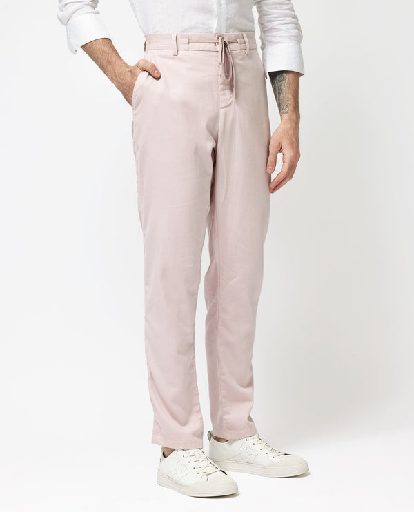 Rare Rabbit Mens Reric Pastel Pink Drawstring Closure Solid Linen Trouser