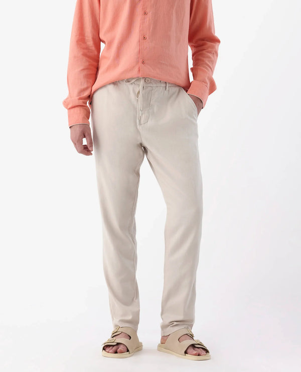 Rare Rabbit Mens Reric Pastel Beige Drawstring Closure Solid Linen Trouser