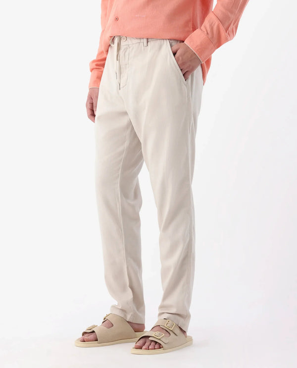 Rare Rabbit Mens Reric Pastel Beige Drawstring Closure Solid Linen Trouser