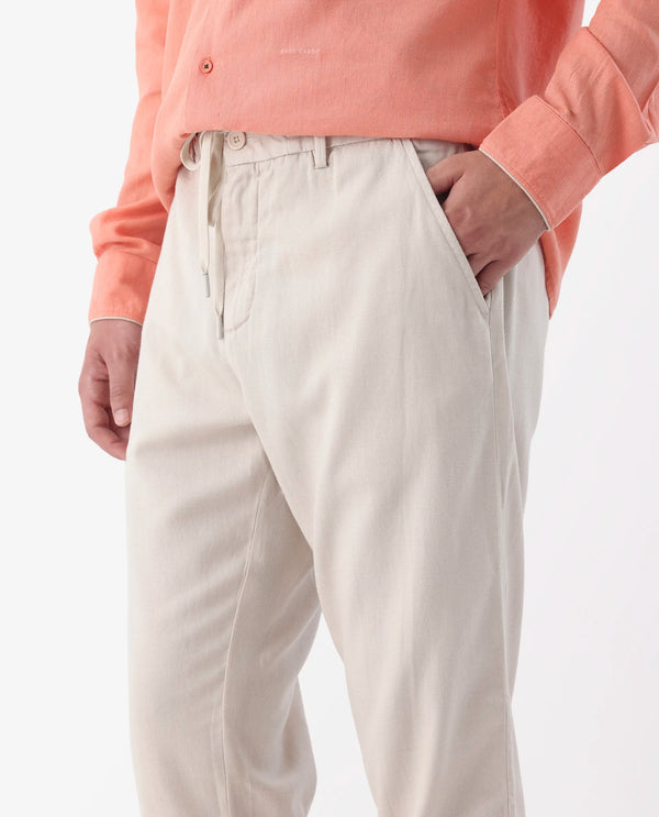 Rare Rabbit Mens Reric Pastel Beige Drawstring Closure Solid Linen Trouser