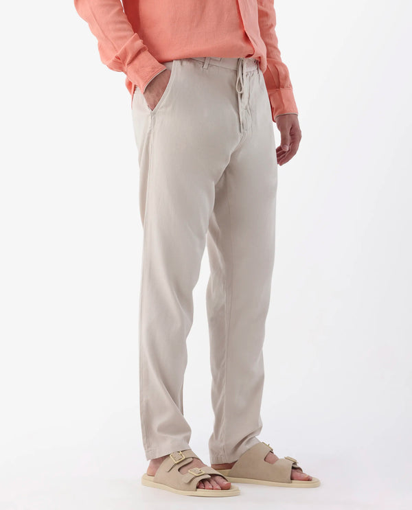 Rare Rabbit Mens Reric Pastel Beige Drawstring Closure Solid Linen Trouser