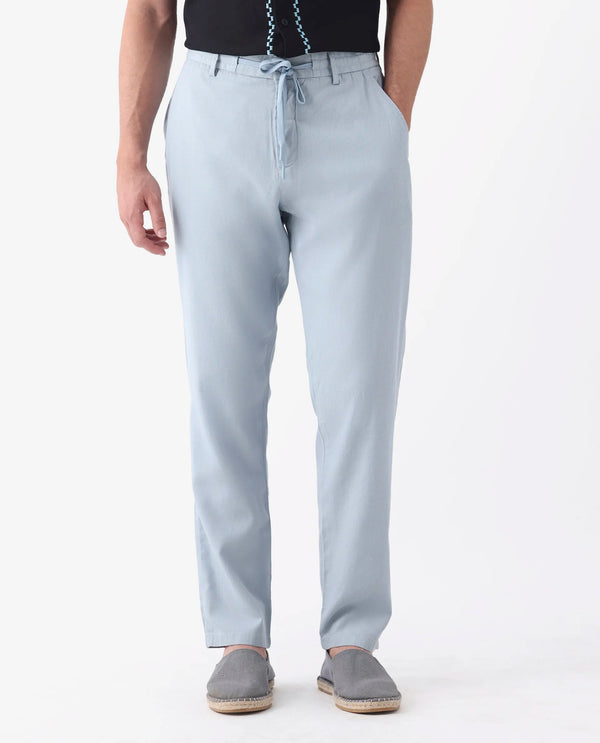 Rare Rabbit Mens Reric Pastel Blue Drawstring Closure Solid Linen Trouser