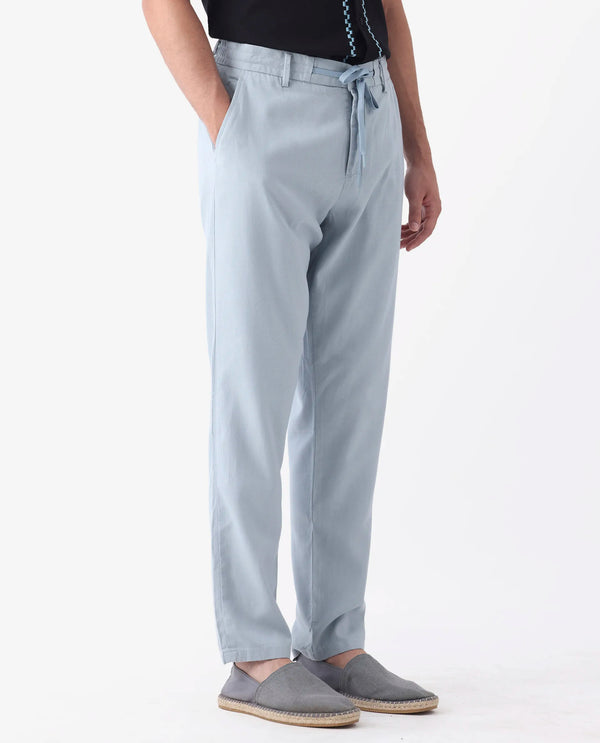 Rare Rabbit Mens Reric Pastel Blue Drawstring Closure Solid Linen Trouser