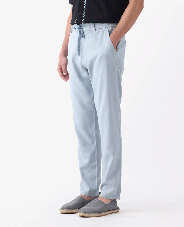 Rare Rabbit Mens Reric Pastel Blue Drawstring Closure Solid Linen Trouser