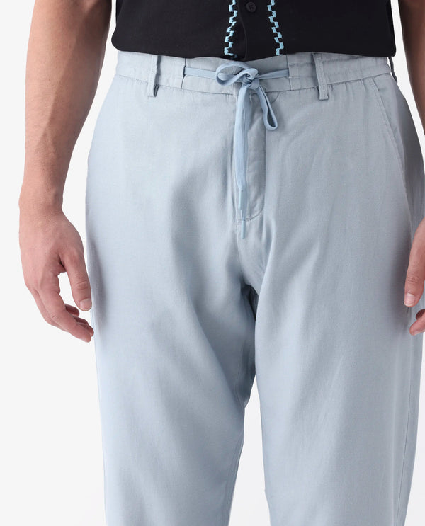 Rare Rabbit Mens Reric Pastel Blue Drawstring Closure Solid Linen Trouser