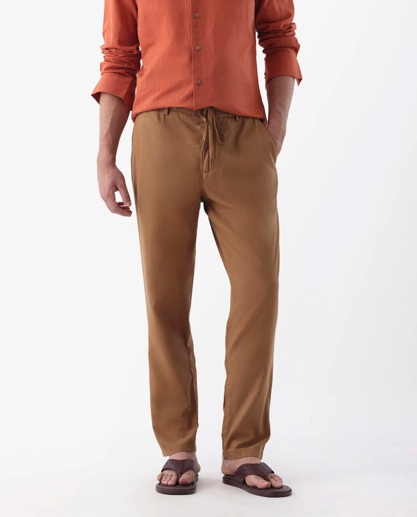 Rare Rabbit Mens Reric Pastel Brown Drawstring Closure Solid Linen Trouser