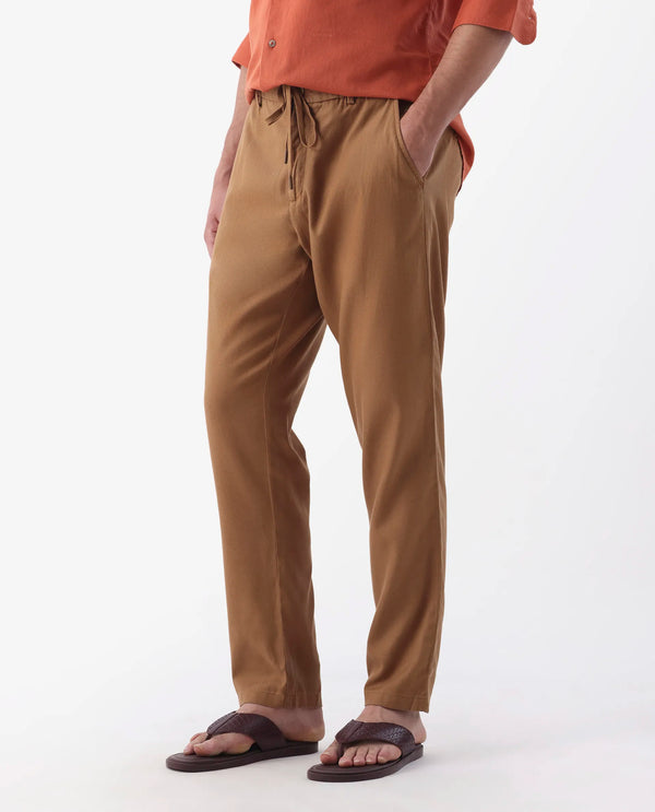 Rare Rabbit Mens Reric Pastel Brown Drawstring Closure Solid Linen Trouser