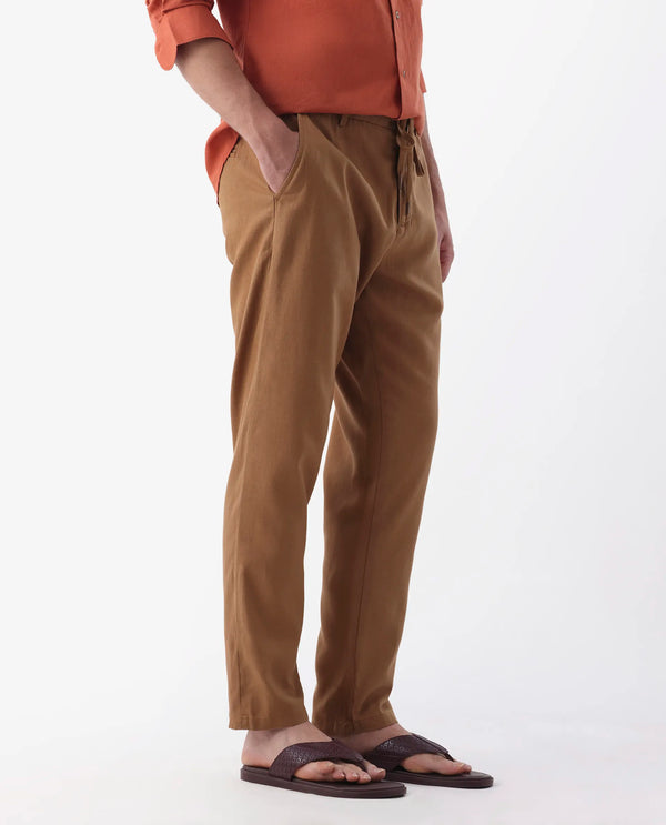 Rare Rabbit Mens Reric Pastel Brown Drawstring Closure Solid Linen Trouser