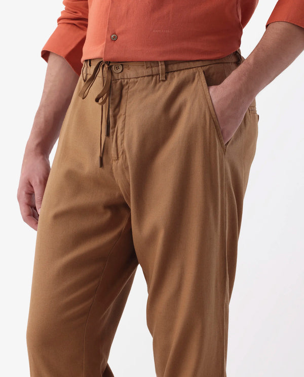Rare Rabbit Mens Reric Pastel Brown Drawstring Closure Solid Linen Trouser