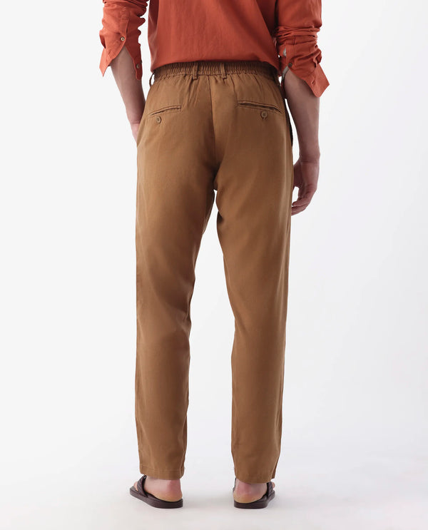 Rare Rabbit Mens Reric Pastel Brown Drawstring Closure Solid Linen Trouser