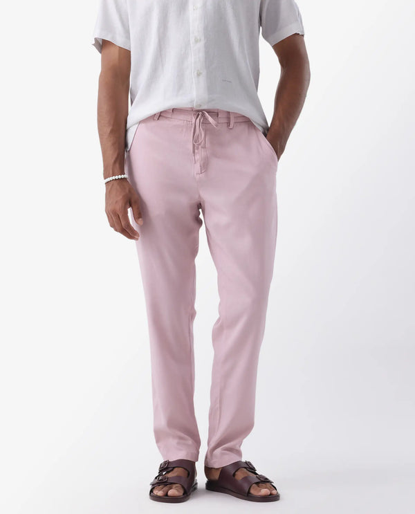 Rare Rabbit Mens Reric Pastel Pink Drawstring Closure Solid Linen Trouser