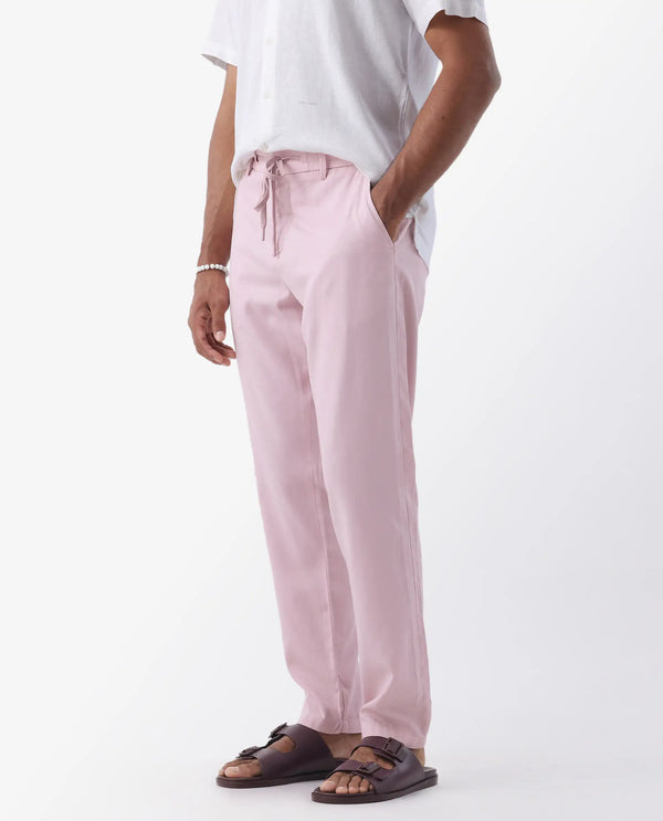 Rare Rabbit Mens Reric Pastel Pink Drawstring Closure Solid Linen Trouser
