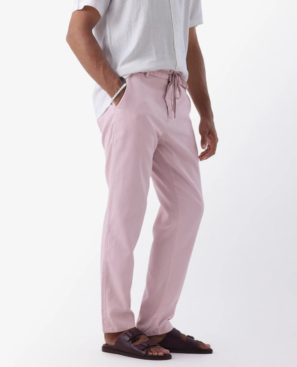Rare Rabbit Mens Reric Pastel Pink Drawstring Closure Solid Linen Trouser