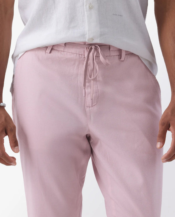 Rare Rabbit Mens Reric Pastel Pink Drawstring Closure Solid Linen Trouser