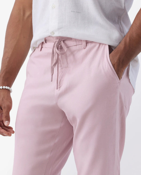Rare Rabbit Mens Reric Pastel Pink Drawstring Closure Solid Linen Trouser