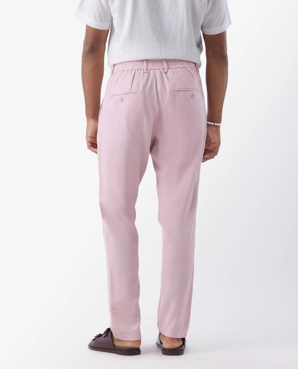 Rare Rabbit Mens Reric Pastel Pink Drawstring Closure Solid Linen Trouser