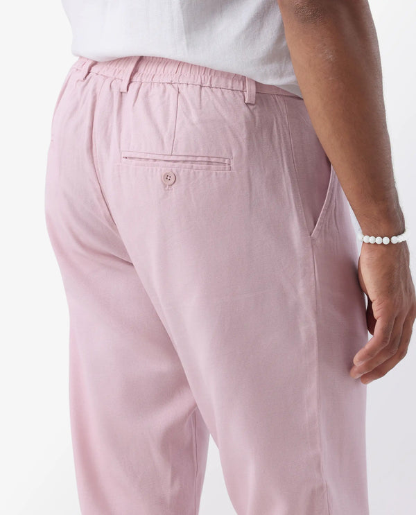 Rare Rabbit Mens Reric Pastel Pink Drawstring Closure Solid Linen Trouser