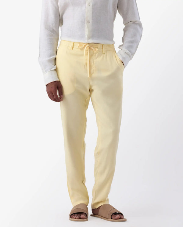 Rare Rabbit Mens Reric Pastel Yellow Drawstring Closure Solid Linen Trouser