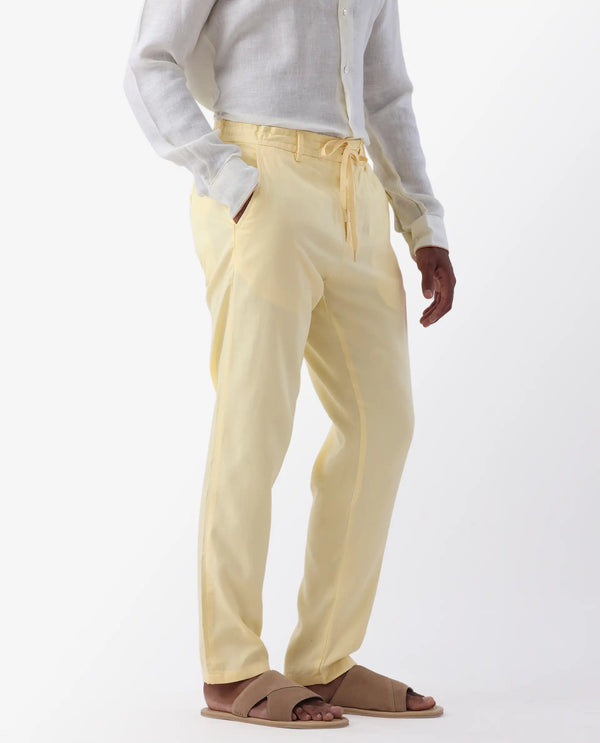 Rare Rabbit Mens Reric Pastel Yellow Drawstring Closure Solid Linen Trouser