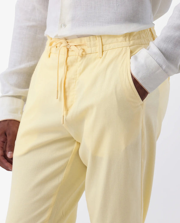 Rare Rabbit Mens Reric Pastel Yellow Drawstring Closure Solid Linen Trouser