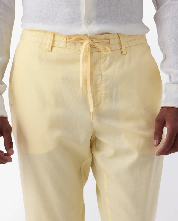 Rare Rabbit Mens Reric Pastel Yellow Drawstring Closure Solid Linen Trouser