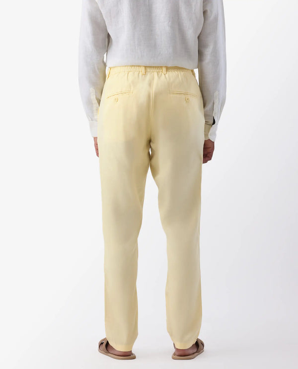 Rare Rabbit Mens Reric Pastel Yellow Drawstring Closure Solid Linen Trouser