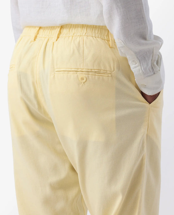 Rare Rabbit Mens Reric Pastel Yellow Drawstring Closure Solid Linen Trouser