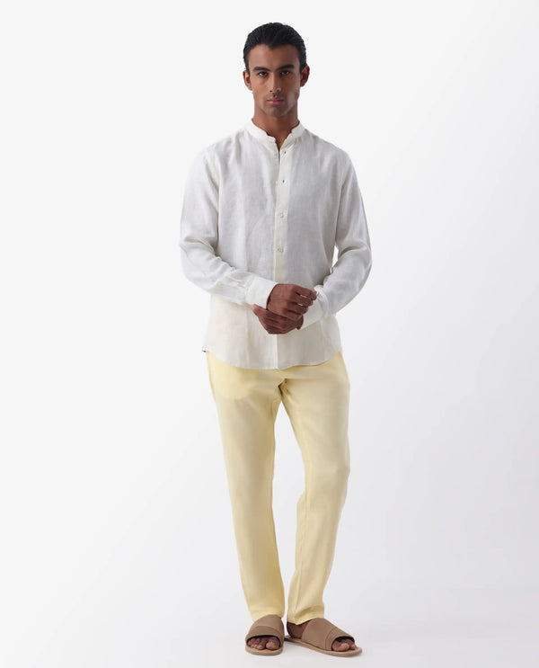 Rare Rabbit Mens Reric Pastel Yellow Drawstring Closure Solid Linen Trouser
