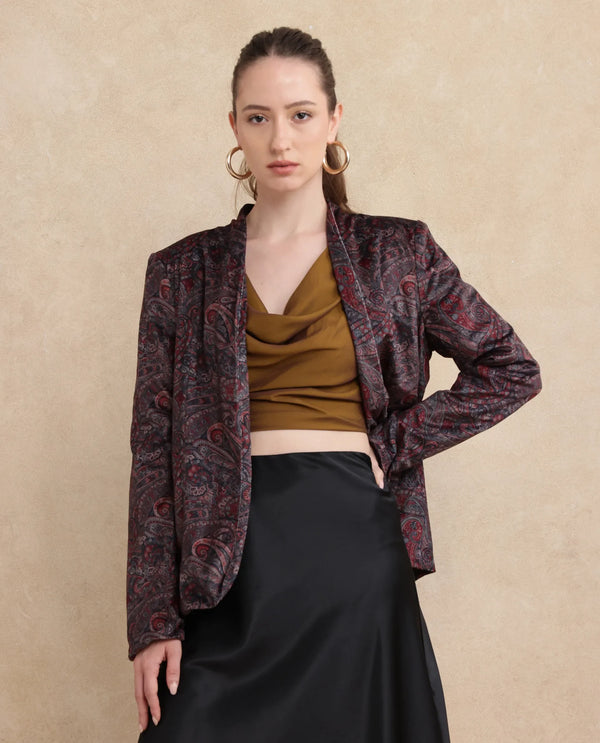Rareism Women Resko Multi Velvet Regular Sleeves Collarless Paisley Print Jacket