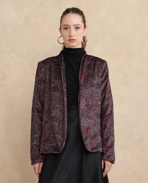 Rareism Women Resko Multi Velvet Regular Sleeves Collarless Paisley Print Jacket