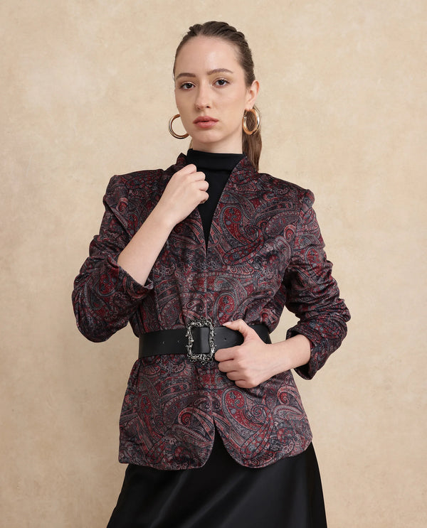 Rareism Women Resko Multi Velvet Regular Sleeves Collarless Paisley Print Jacket