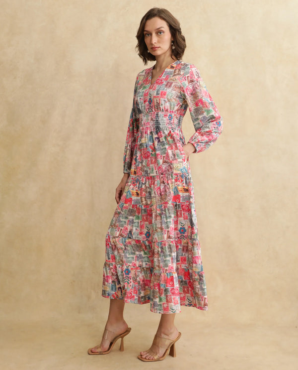Rareism Women's Reting Light Multi Satin Fabric V-Neck  Full Sleeve Object Print Fit And Flare Maxi Dress