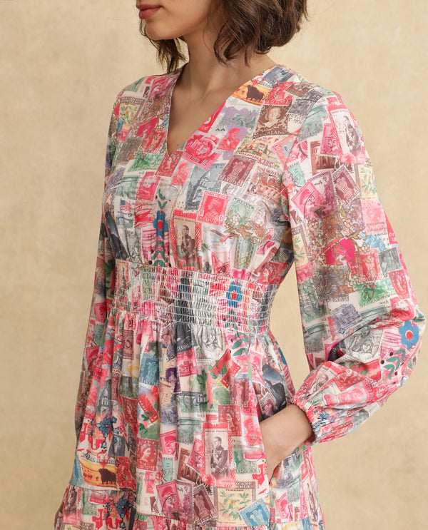 Rareism Women's Reting Light Multi Satin Fabric V-Neck  Full Sleeve Object Print Fit And Flare Maxi Dress
